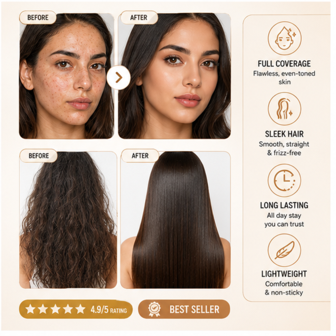 Flicka HD Foundation + Tgideas Hair Straightening Spray – Full Coverage Face & Sleek Hair Duo – Flawless, Glowy and Long-Lasting Foundation with SPF + Frizz-Free, Hair Straightening Spray