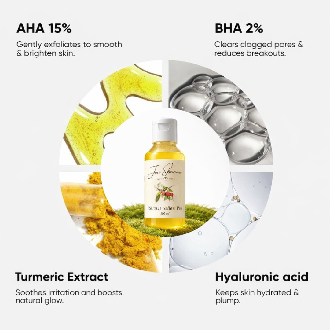 Jiore Tsuyoi Yellow Peel Body Oil | Organic & Natural with Kojic Acid, Turmeric, Thiotic Acid & AHA/BHA | Fades Stretch Marks, Peels Sun Tan & Brightens Skin