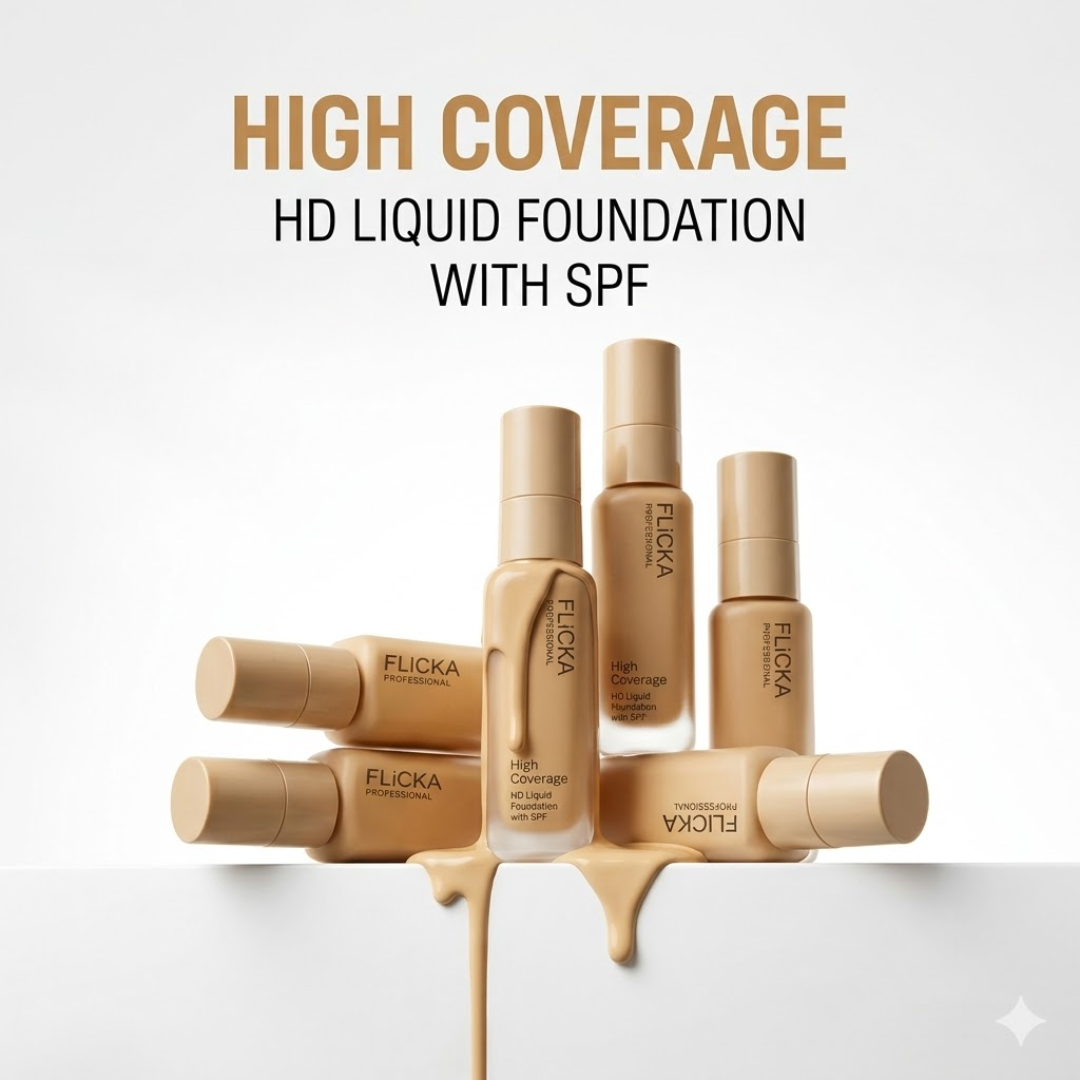 Flicka High Coverage HD Liquid Foundation | 16-Hour Wear, Pore Blur Effect & SPF | Camera-Ready Airbrush Finish for All Skin Tones