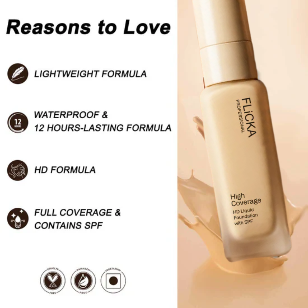Flicka High Coverage HD Liquid Foundation | 16-Hour Wear, Pore Blur Effect & SPF | Camera-Ready Airbrush Finish for All Skin Tones