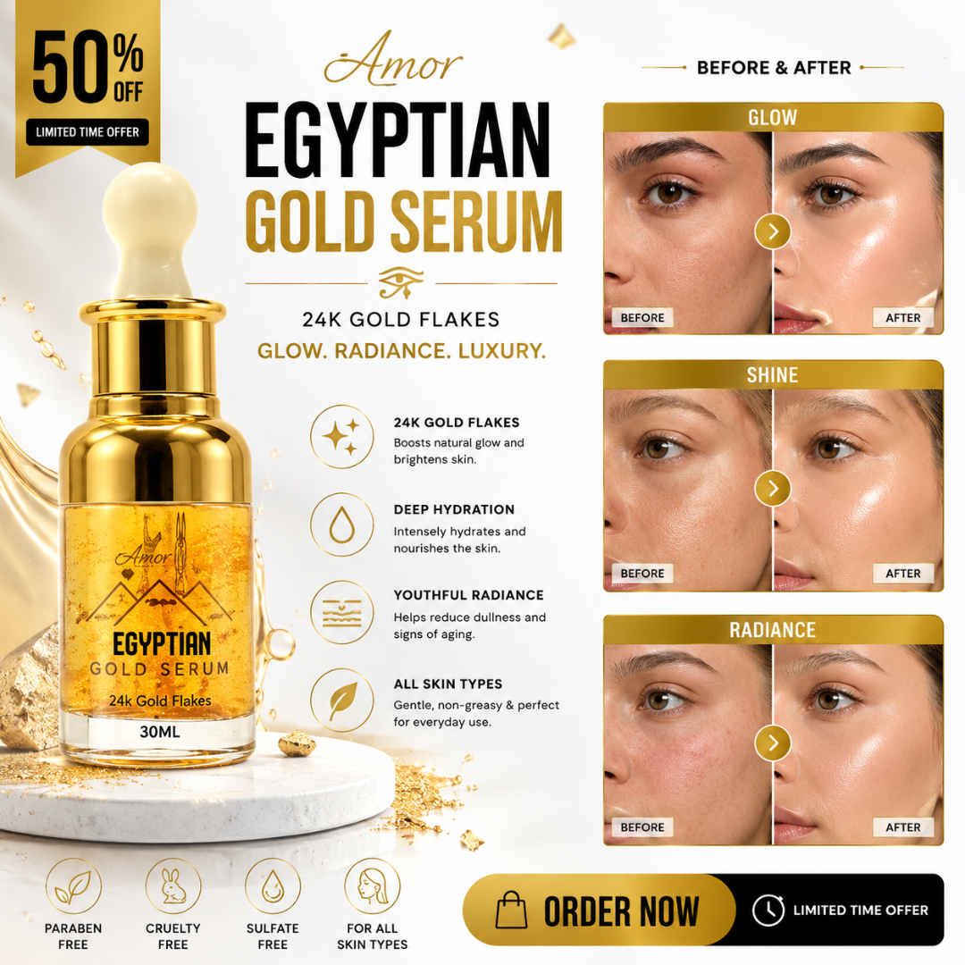 Amor Egyptian Gold Serum – 50% OFF – 24K Gold Flakes – Glow, Radiance & Luxury – Brightens Skin, Deep Hydration, Youthful Radiance – Reduces Fine Lines & Wrinkles – For All Skin Types – 30ml