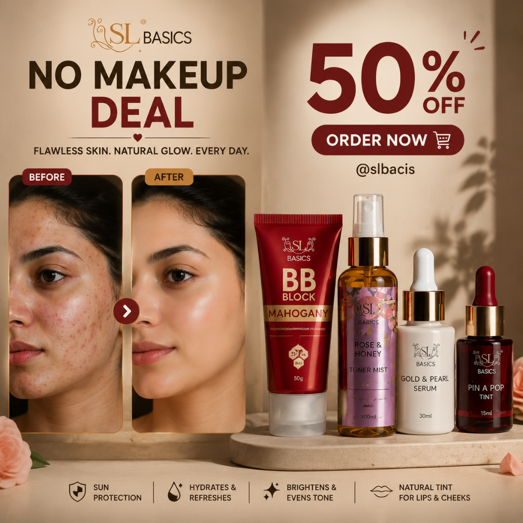 SL Basics No Makeup Deal – Flawless Skin, Natural Glow Every Day – Complete 4-Piece Set: BB Block SPF 50+, Rose & Honey Toner Mist, Gold & Pearl Serum, PinaPop Lip & Cheek Tint