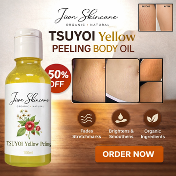 Jiore Tsuyoi Yellow Peel Body Oil | Organic & Natural with Kojic Acid, Turmeric, Thiotic Acid & AHA/BHA | Fades Stretch Marks, Peels Sun Tan & Brightens Skin