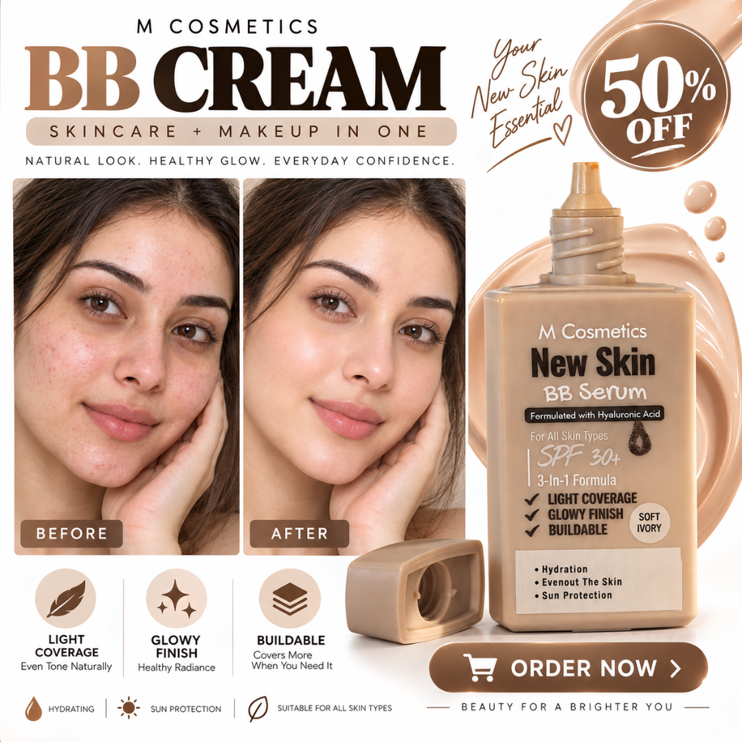 M Cosmetics New Skin BB Serum – 3-in-1 Tinted BB Cream with SPF 30+ & Hyaluronic Acid – Light Buildable Coverage