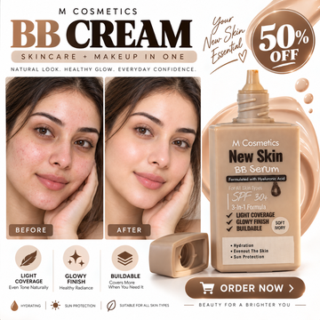 M Cosmetics New Skin BB Serum – 3-in-1 Tinted BB Cream with SPF 30+ & Hyaluronic Acid – Light Buildable Coverage