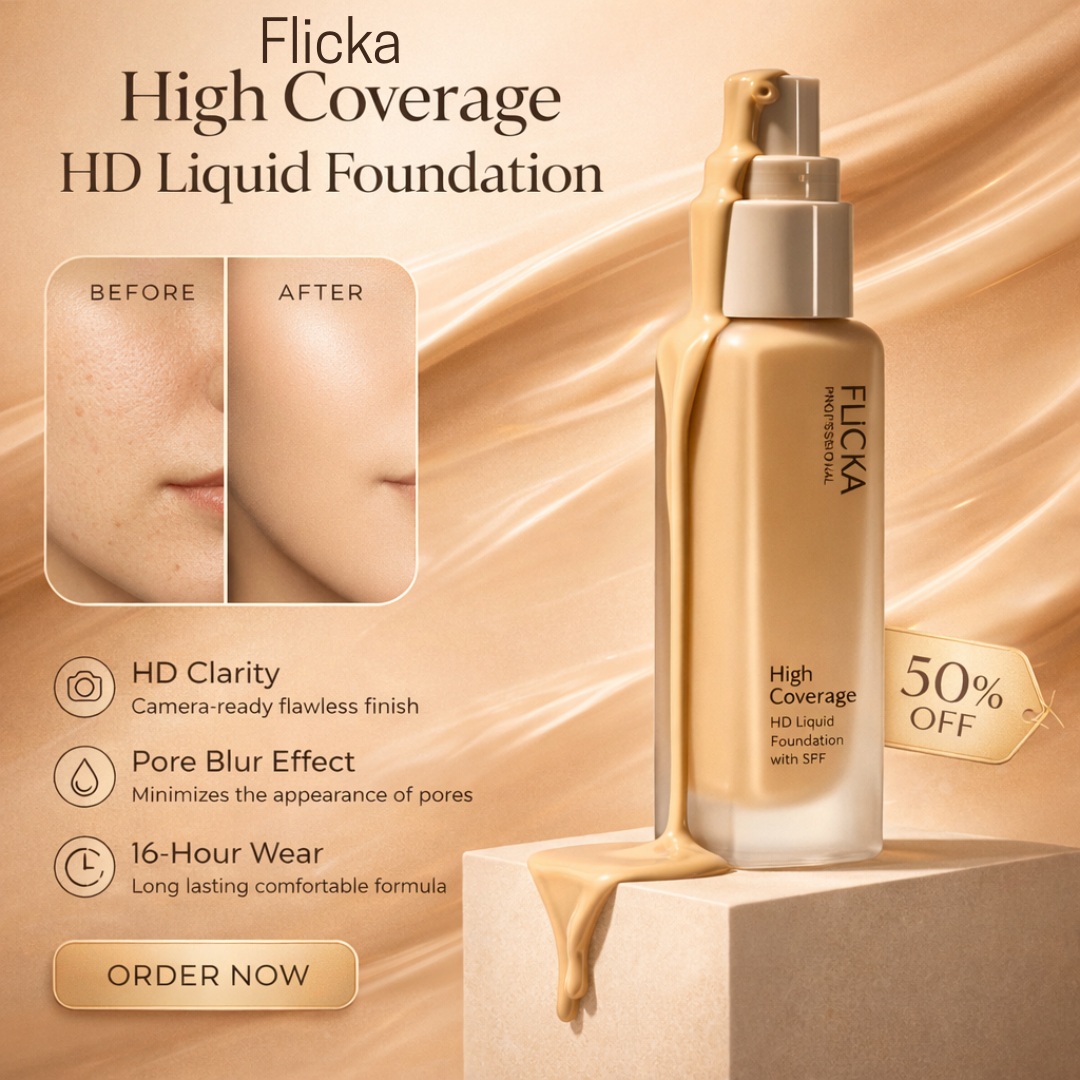 Flicka High Coverage HD Liquid Foundation | 16-Hour Wear, Pore Blur Effect & SPF | Camera-Ready Airbrush Finish for All Skin Tones