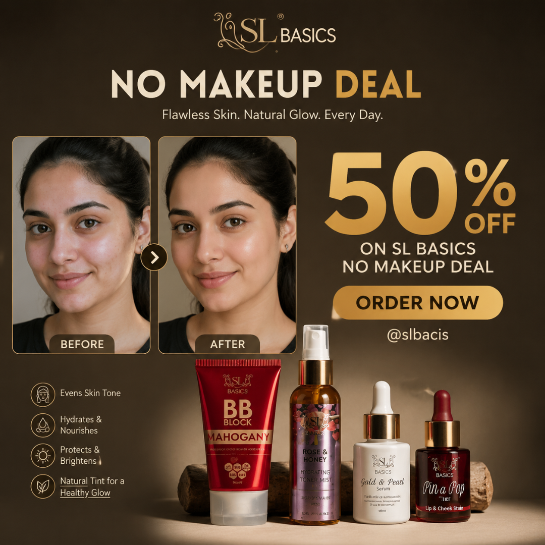 SL Basics No Makeup Deal – Flawless Skin, Natural Glow Every Day – Complete 4-Piece Set: BB Block SPF 50+, Rose & Honey Toner Mist, Gold & Pearl Serum, PinaPop Lip & Cheek Tint