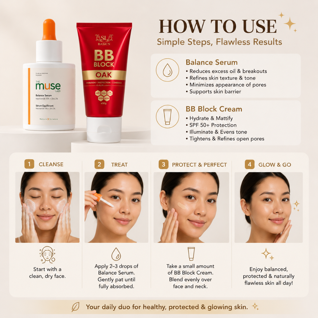Flawless & Natural base Bundle | SL Muse Lab Balance Serum (Niacinamide + Zinc) + SL bb cream | Hydrating, Long-lasting & Non -Cakey makeup base