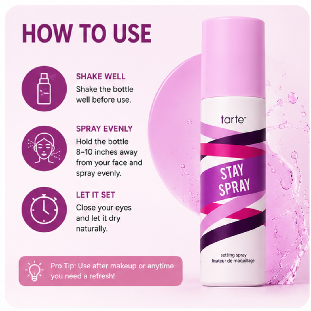 Tarte Stay Spray Setting Spray – Lock Your Look, All Day Long – Up to 16HR Hold – Smudge & Sweat Proof – Transfer Resistant – Lightweight & Refreshing – Natural Finish