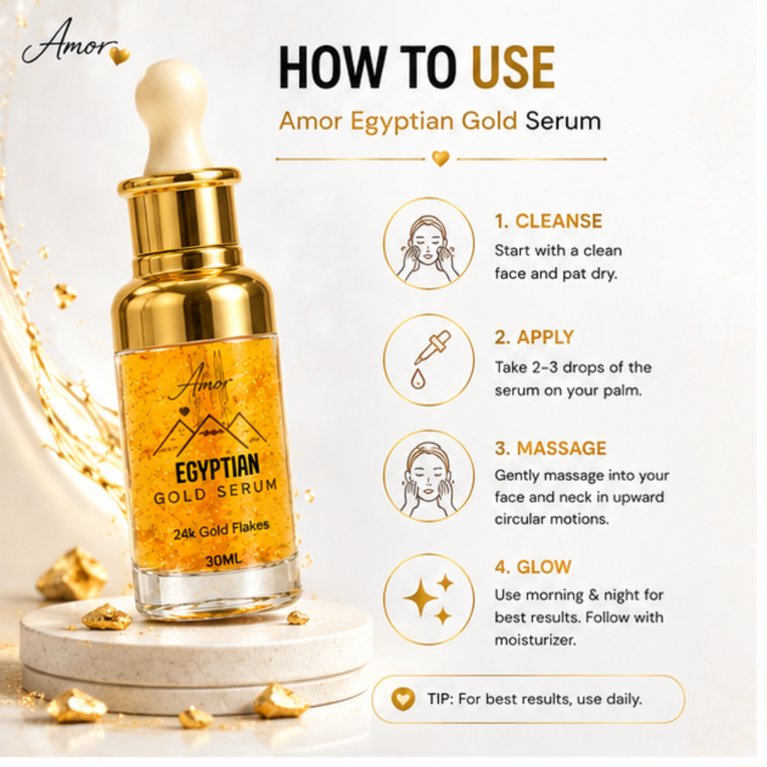 Amor Egyptian Gold Serum – 50% OFF – 24K Gold Flakes – Glow, Radiance & Luxury – Brightens Skin, Deep Hydration, Youthful Radiance – Reduces Fine Lines & Wrinkles – For All Skin Types – 30ml