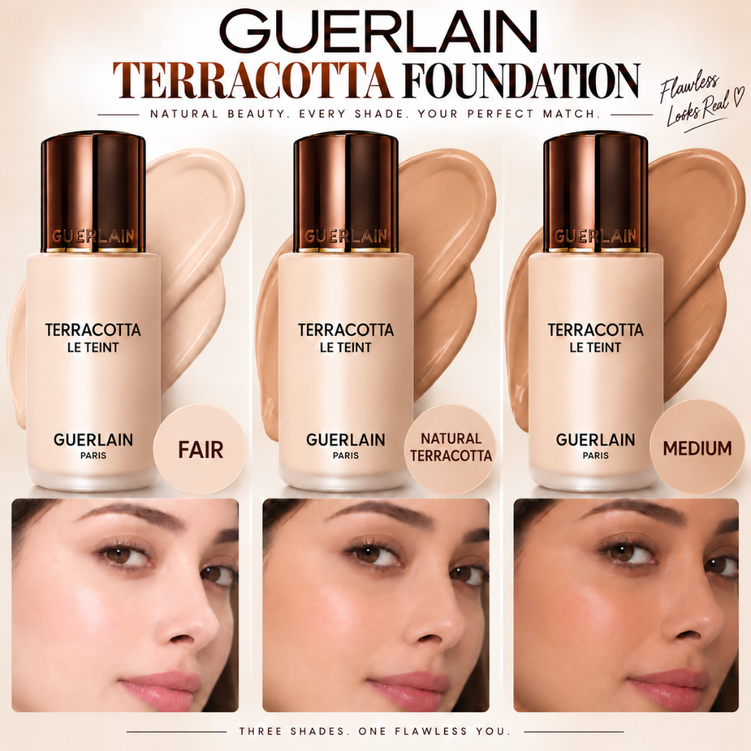 Guerlain Terracotta Le Teint Foundation + FREE Beauty Blender – Lightweight Breathable Coverage – Natural Radiant Glow