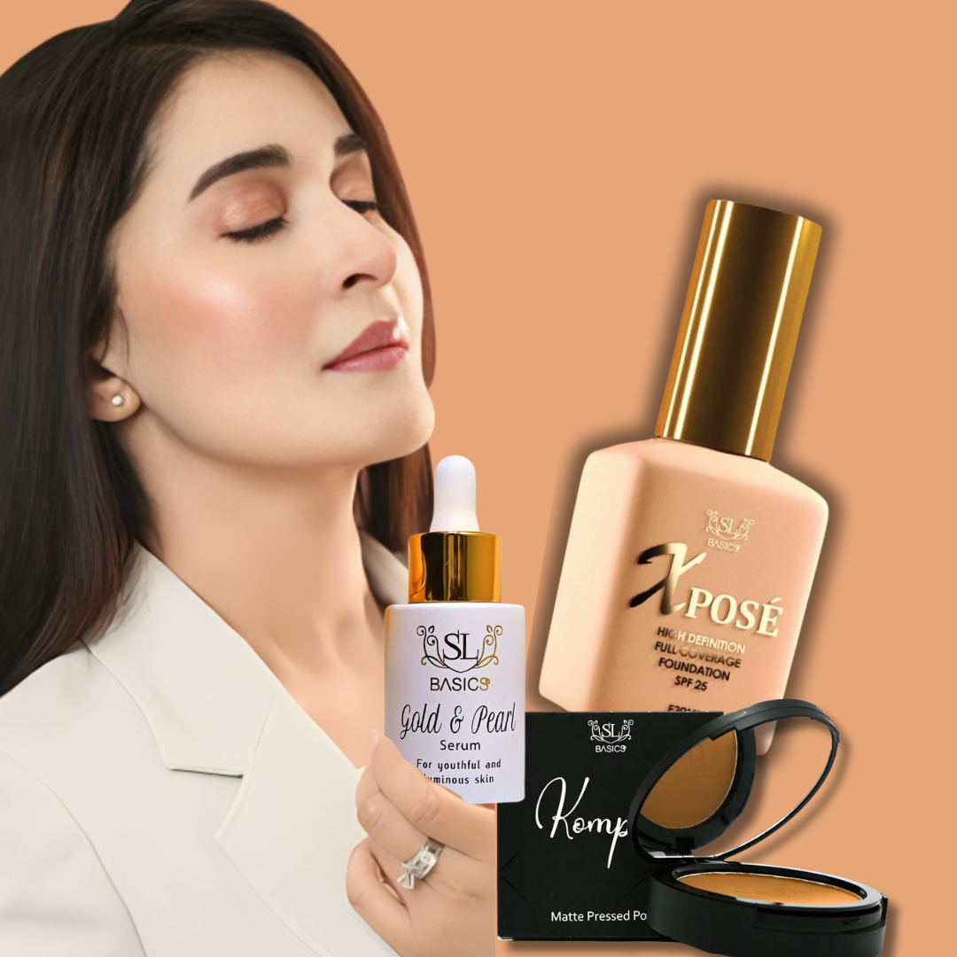 SL Basics Beauty Essentials - Hydrating Serum, Foundation & Compact Powder - Waterproof & 24H Long-Lasting