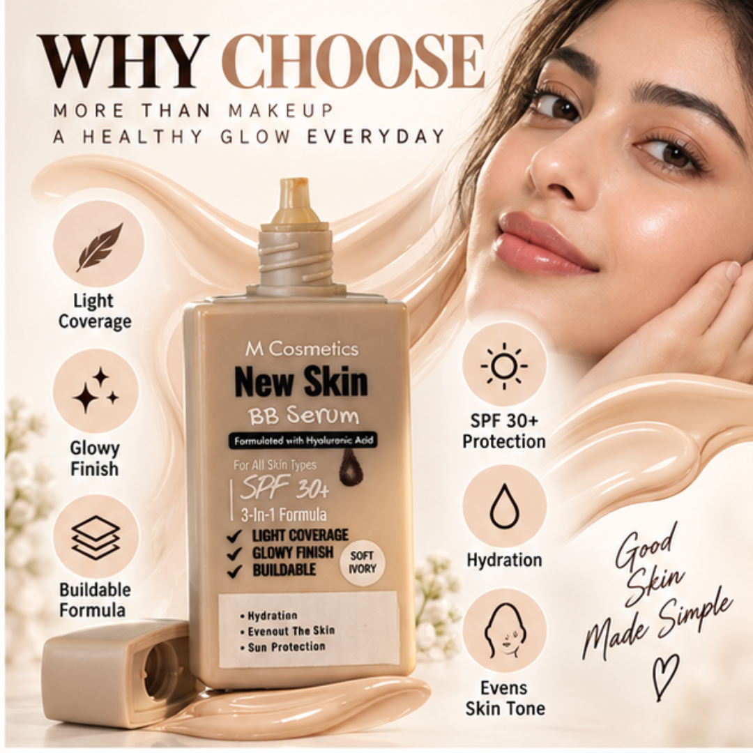 M Cosmetics New Skin BB Serum – 3-in-1 Tinted BB Cream with SPF 30+ & Hyaluronic Acid – Light Buildable Coverage