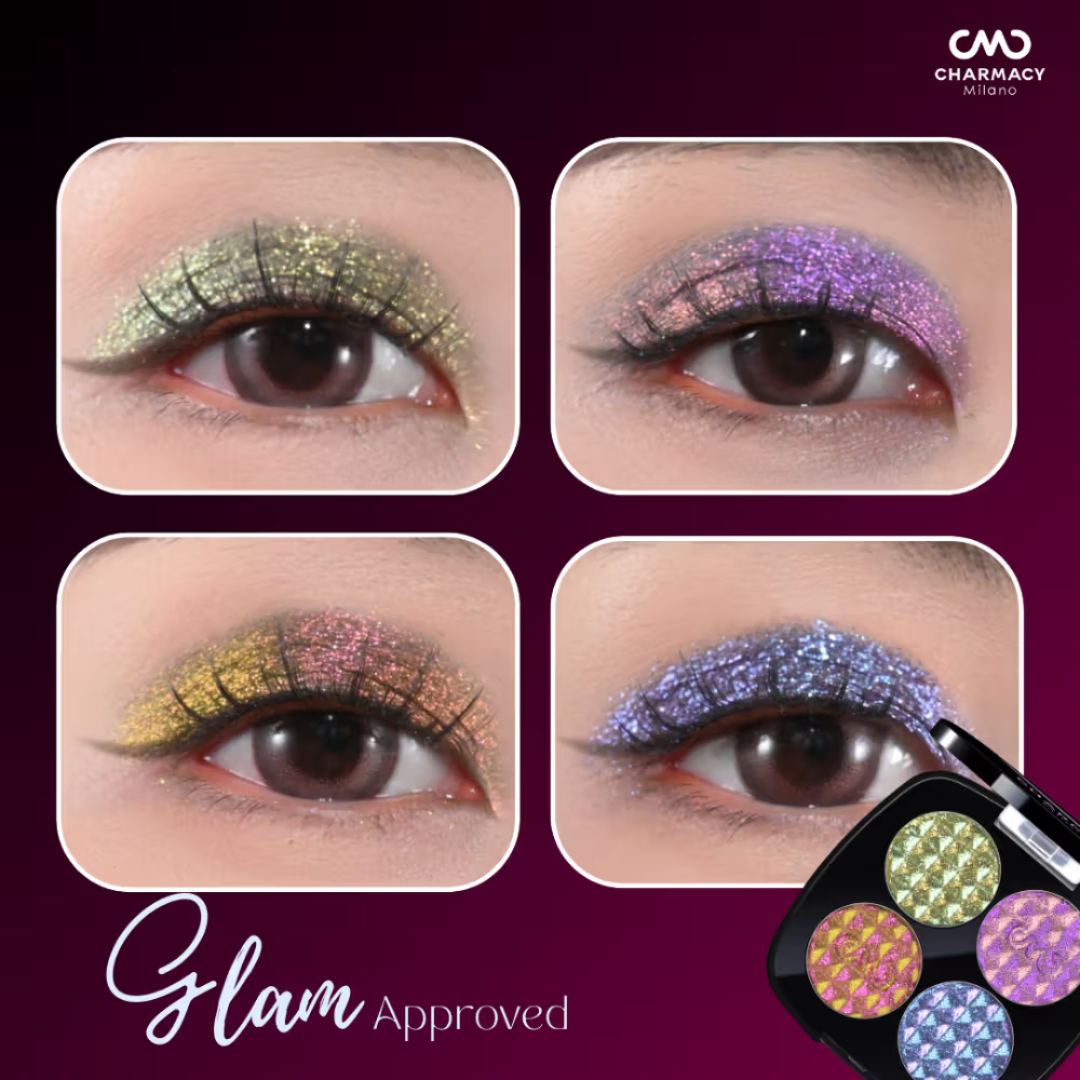CHARMACY Milano 4-in-1 Glitter Multi-Functional Palette | Insane Quad Eyeshadow + Highlighter + Body Glitter