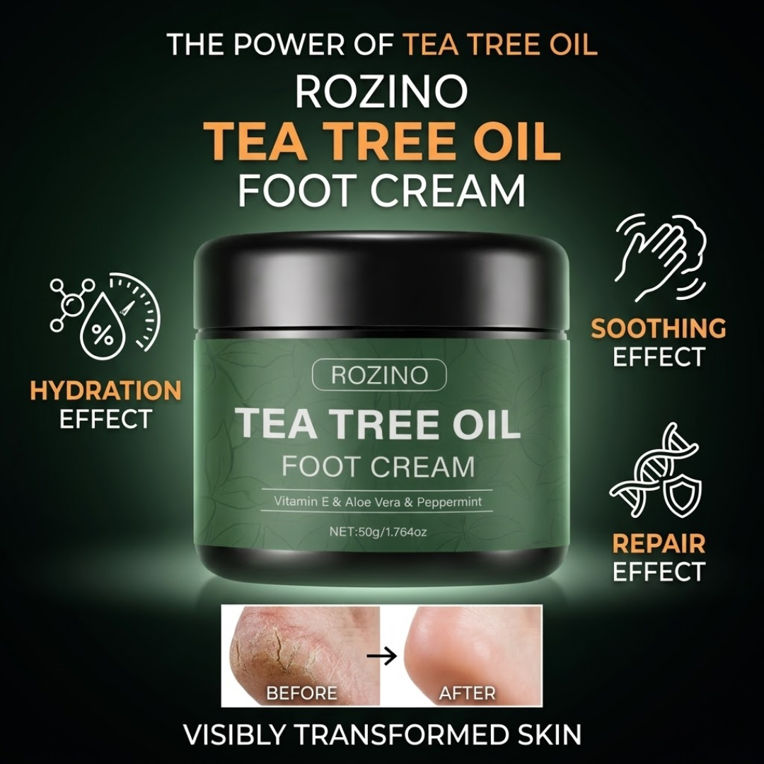 Rozino Tea Tree Oil Foot Cream | Vitamin E, Aloe Vera & Peppermint | Repairs Cracked Heels, Rough Elbows & Dry Knees | Intense Hydration