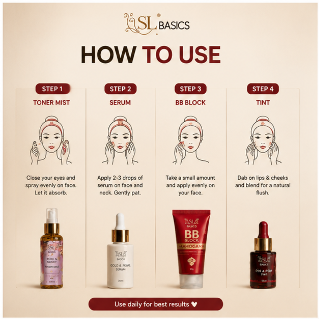SL Basics No Makeup Deal – Flawless Skin, Natural Glow Every Day – Complete 4-Piece Set: BB Block SPF 50+, Rose & Honey Toner Mist, Gold & Pearl Serum, PinaPop Lip & Cheek Tint
