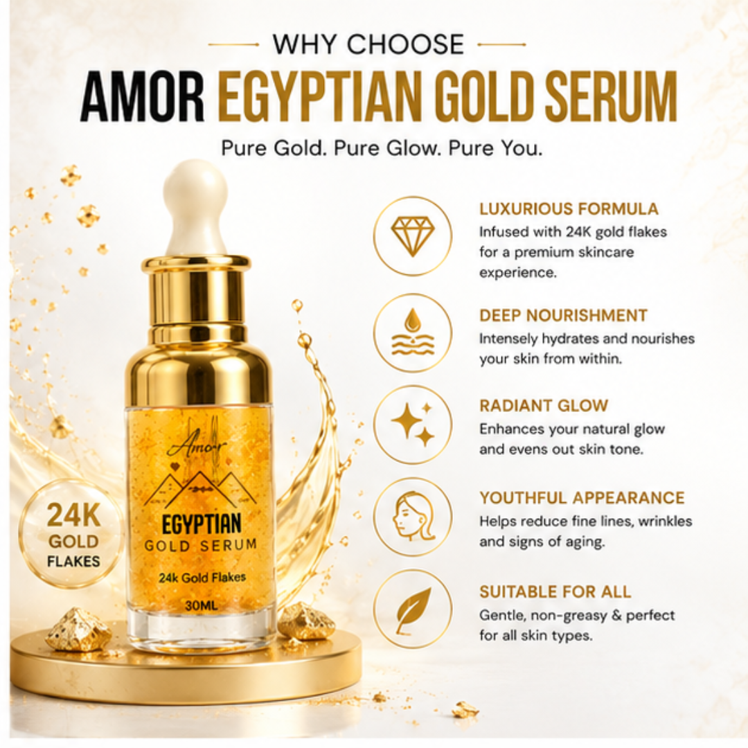 Amor Egyptian Gold Serum – 50% OFF – 24K Gold Flakes – Glow, Radiance & Luxury – Brightens Skin, Deep Hydration, Youthful Radiance – Reduces Fine Lines & Wrinkles – For All Skin Types – 30ml