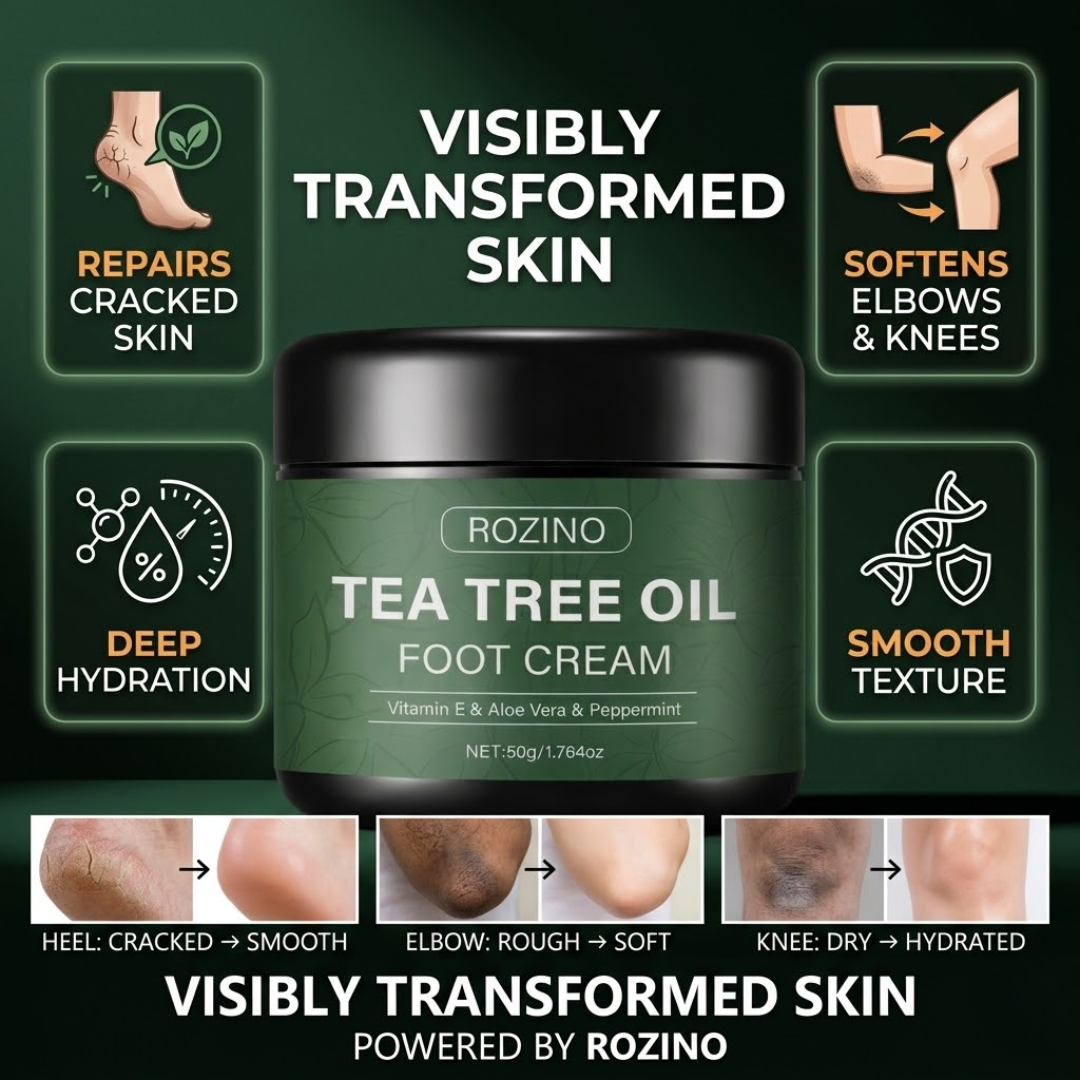 Rozino Tea Tree Oil Foot Cream | Vitamin E, Aloe Vera & Peppermint | Repairs Cracked Heels, Rough Elbows & Dry Knees | Intense Hydration