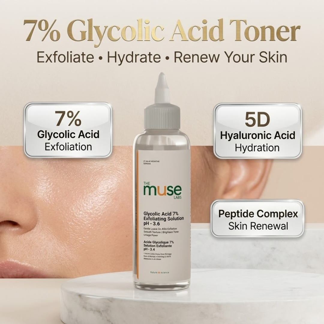Muse Labs 7% Glycolic Acid Toner | Exfoliating Solution with 5D Hyaluronic Acid & Peptides | Smooth, Bright & Hydrated Skin