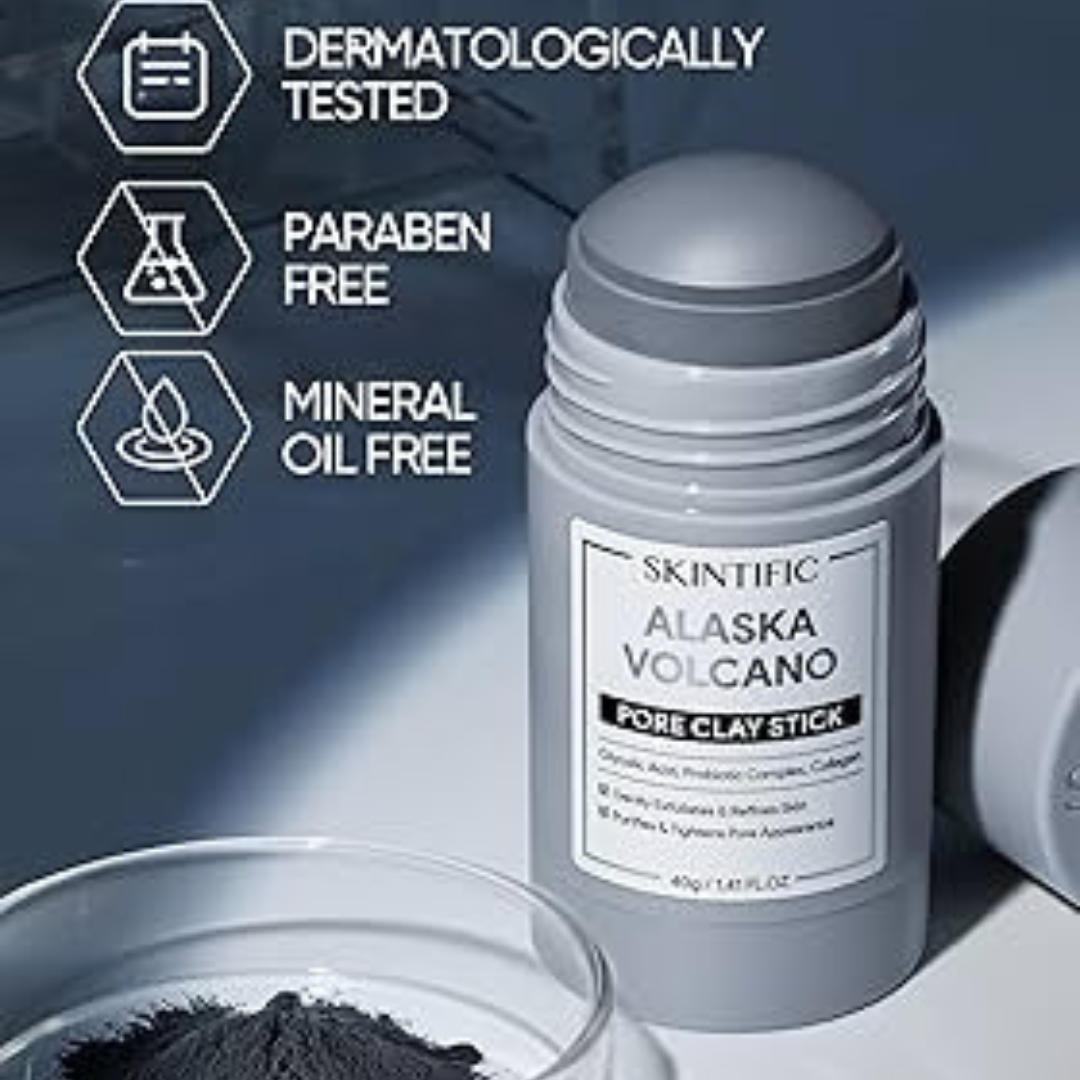 SKINTIFIC Alaska Volcano Pore Clay Stick | Glycolic Acid + Probiotic Complex + Collagen | Removes Blackheads, Tightens Pores & Smooths Skin