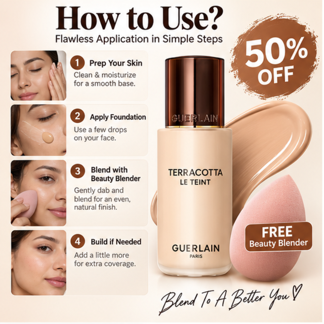 Guerlain Terracotta Le Teint Foundation + FREE Beauty Blender – Lightweight Breathable Coverage – Natural Radiant Glow