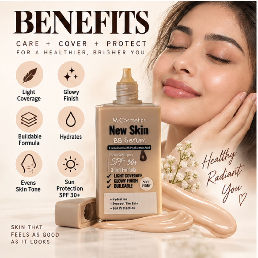 M Cosmetics New Skin BB Serum – 3-in-1 Tinted BB Cream with SPF 30+ & Hyaluronic Acid – Light Buildable Coverage