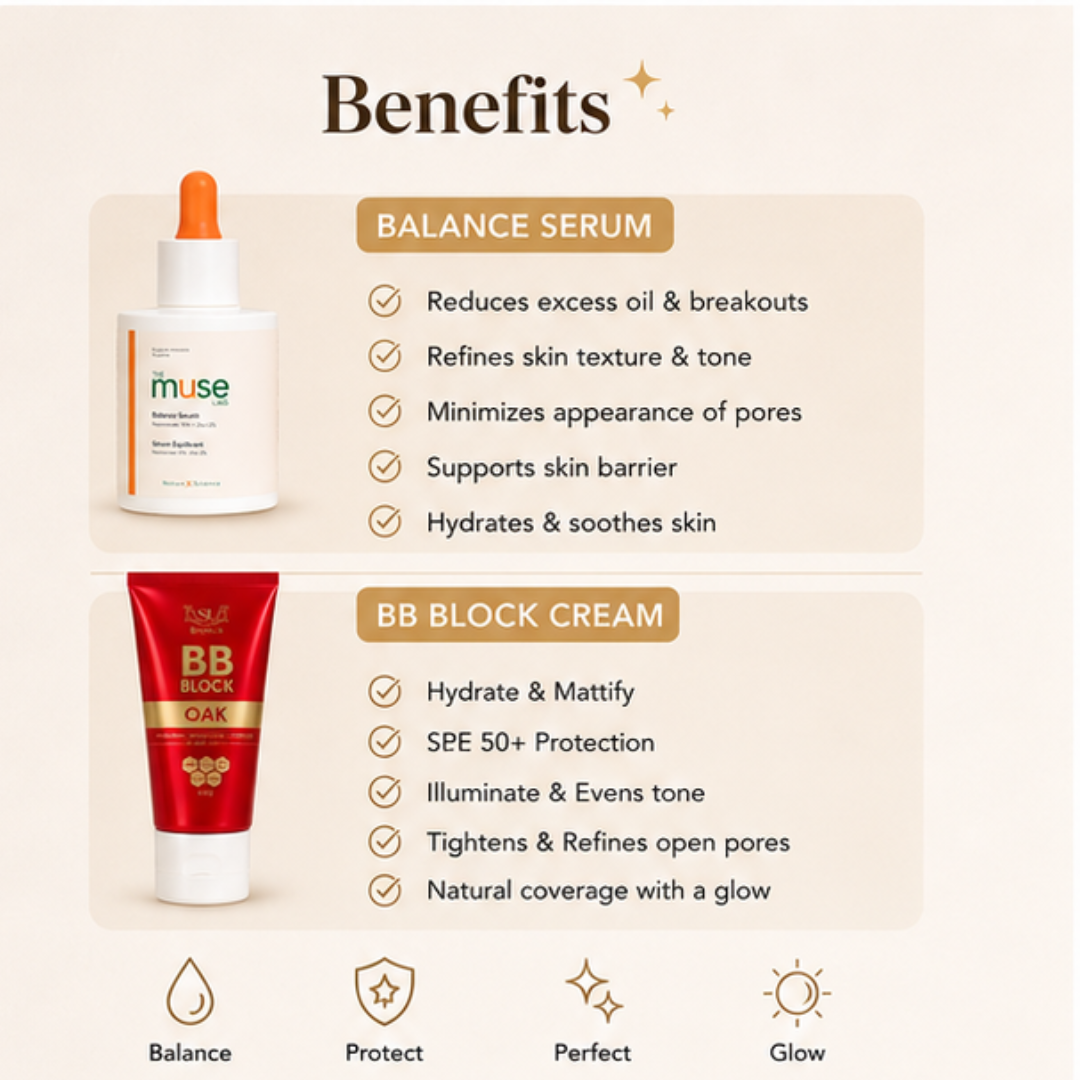 Flawless & Natural base Bundle | SL Muse Lab Balance Serum (Niacinamide + Zinc) + SL bb cream | Hydrating, Long-lasting & Non -Cakey makeup base