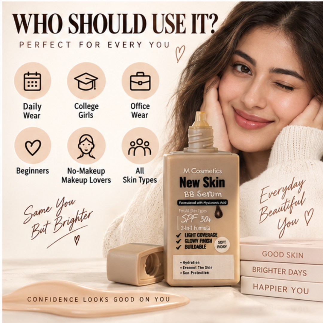 M Cosmetics New Skin BB Serum – 3-in-1 Tinted BB Cream with SPF 30+ & Hyaluronic Acid – Light Buildable Coverage