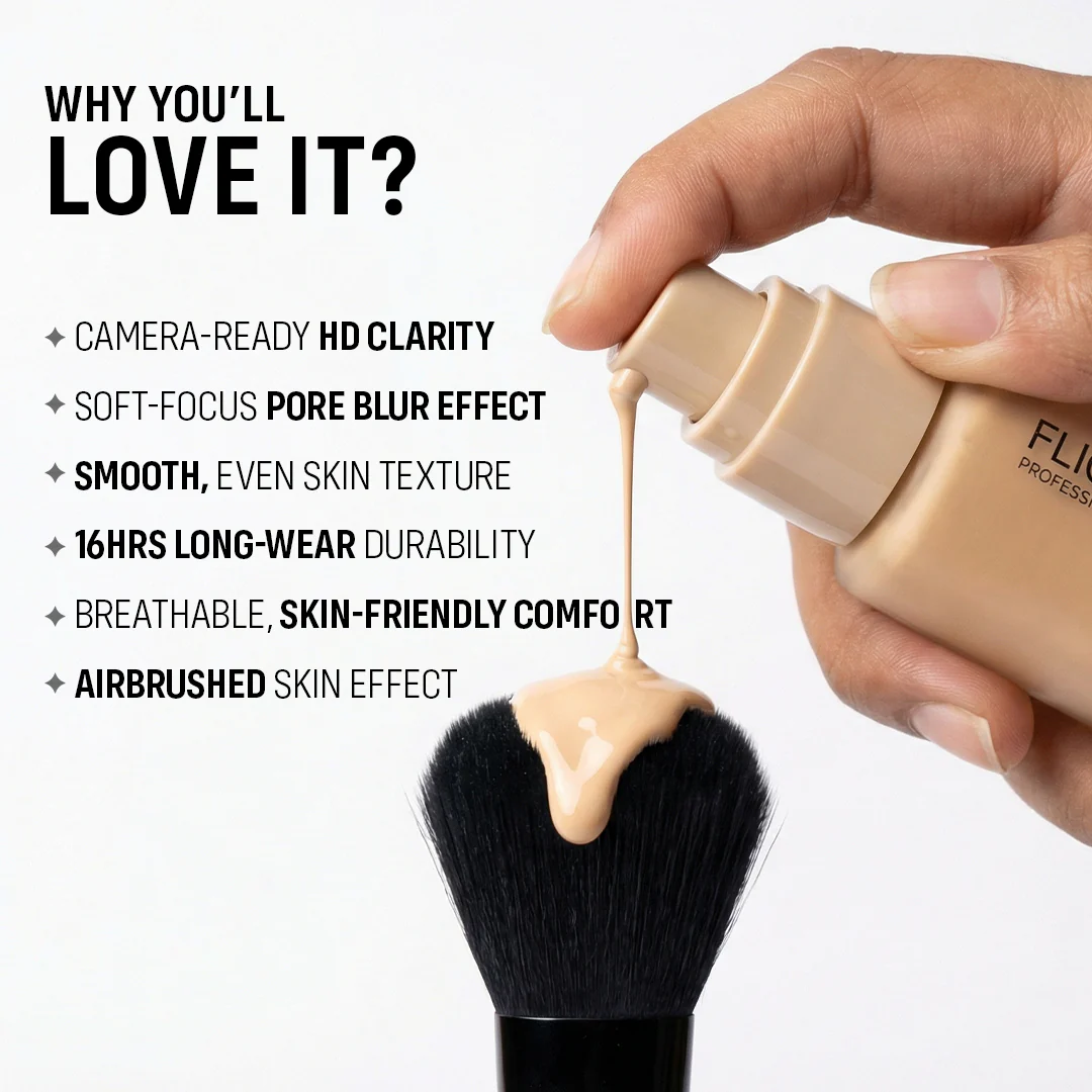 Flicka High Coverage HD Liquid Foundation | 16-Hour Wear, Pore Blur Effect & SPF | Camera-Ready Airbrush Finish for All Skin Tones