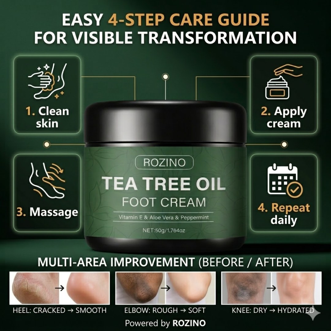 Rozino Tea Tree Oil Foot Cream | Vitamin E, Aloe Vera & Peppermint | Repairs Cracked Heels, Rough Elbows & Dry Knees | Intense Hydration