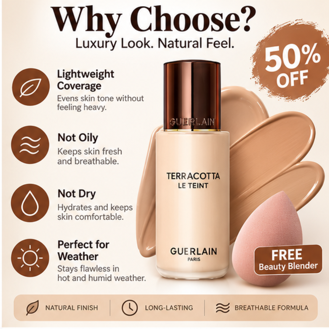 Guerlain Terracotta Le Teint Foundation + FREE Beauty Blender – Lightweight Breathable Coverage – Natural Radiant Glow