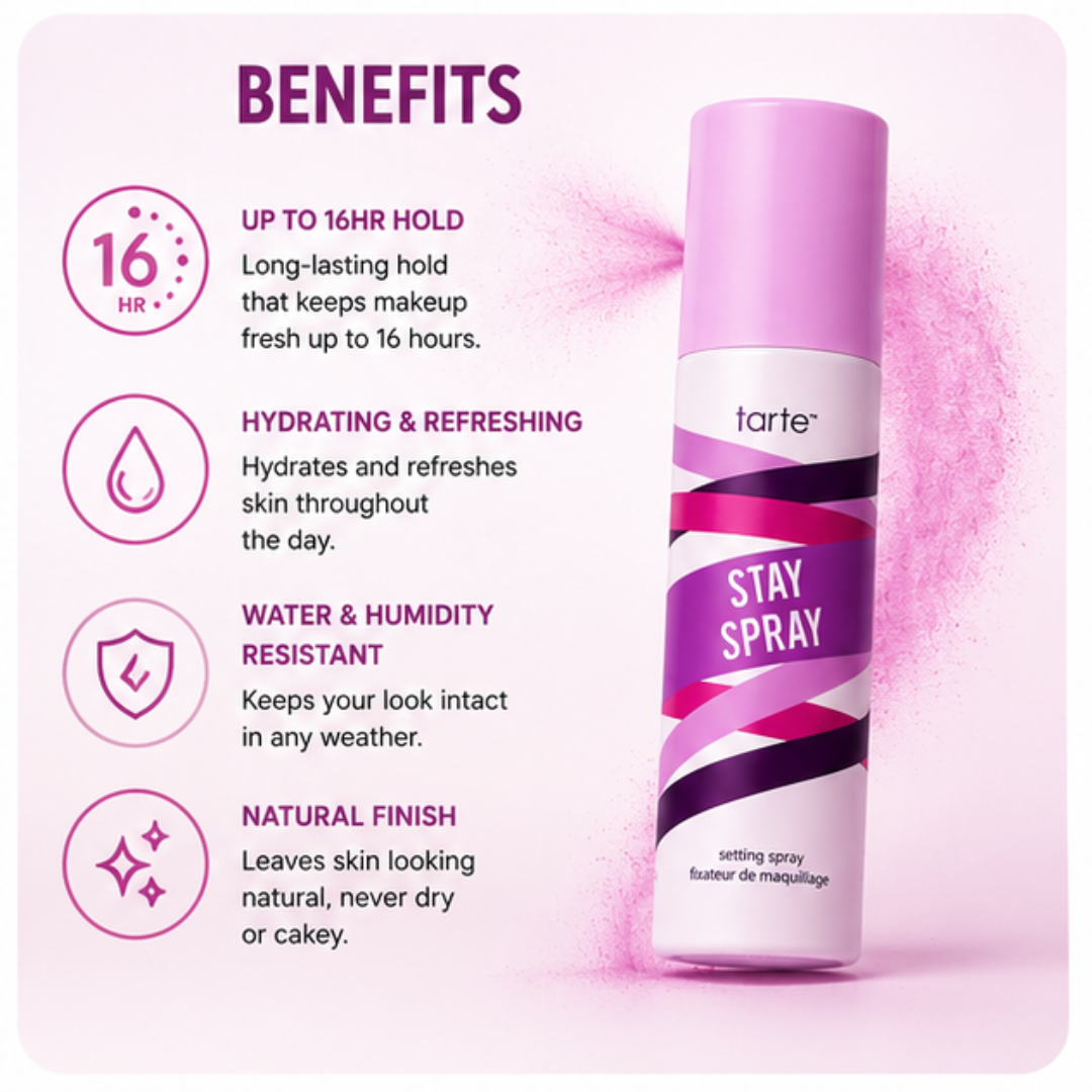 Tarte Stay Spray Setting Spray – Lock Your Look, All Day Long – Up to 16HR Hold – Smudge & Sweat Proof – Transfer Resistant – Lightweight & Refreshing – Natural Finish