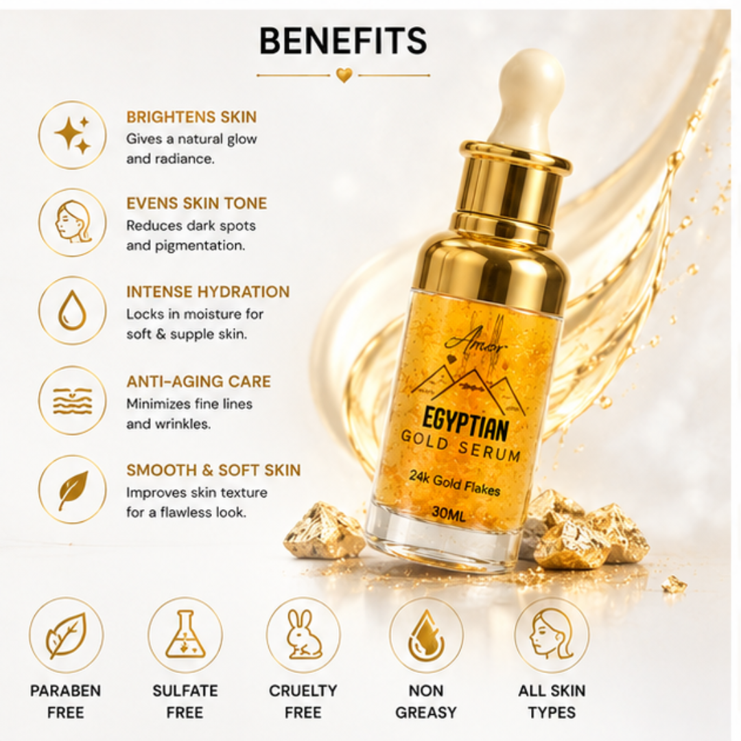 Amor Egyptian Gold Serum – 50% OFF – 24K Gold Flakes – Glow, Radiance & Luxury – Brightens Skin, Deep Hydration, Youthful Radiance – Reduces Fine Lines & Wrinkles – For All Skin Types – 30ml