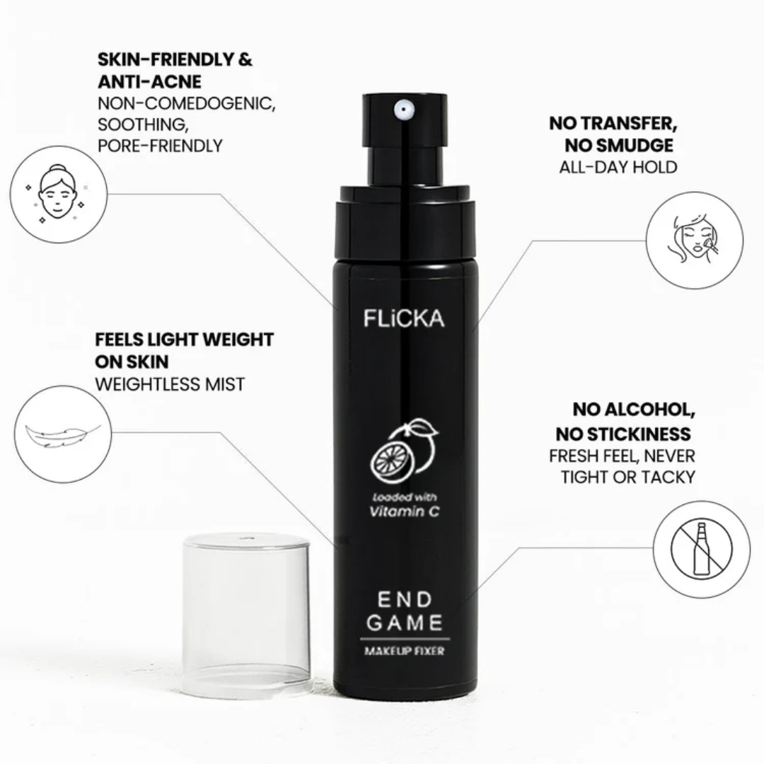 FLICKA Flawless Complexion Trio | 12-Hour Makeup Fixer + Silk Touch Primer + Matte Compact with SPF | Vitamin C Enriched, Skin-Friendly & Long-Lasting