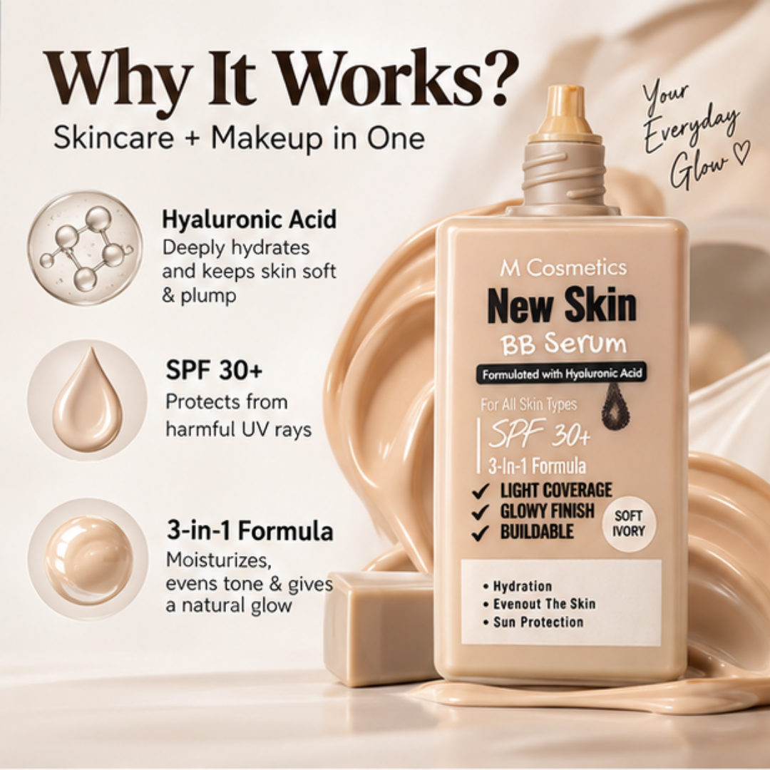 M Cosmetics New Skin BB Serum – 3-in-1 Tinted BB Cream with SPF 30+ & Hyaluronic Acid – Light Buildable Coverage