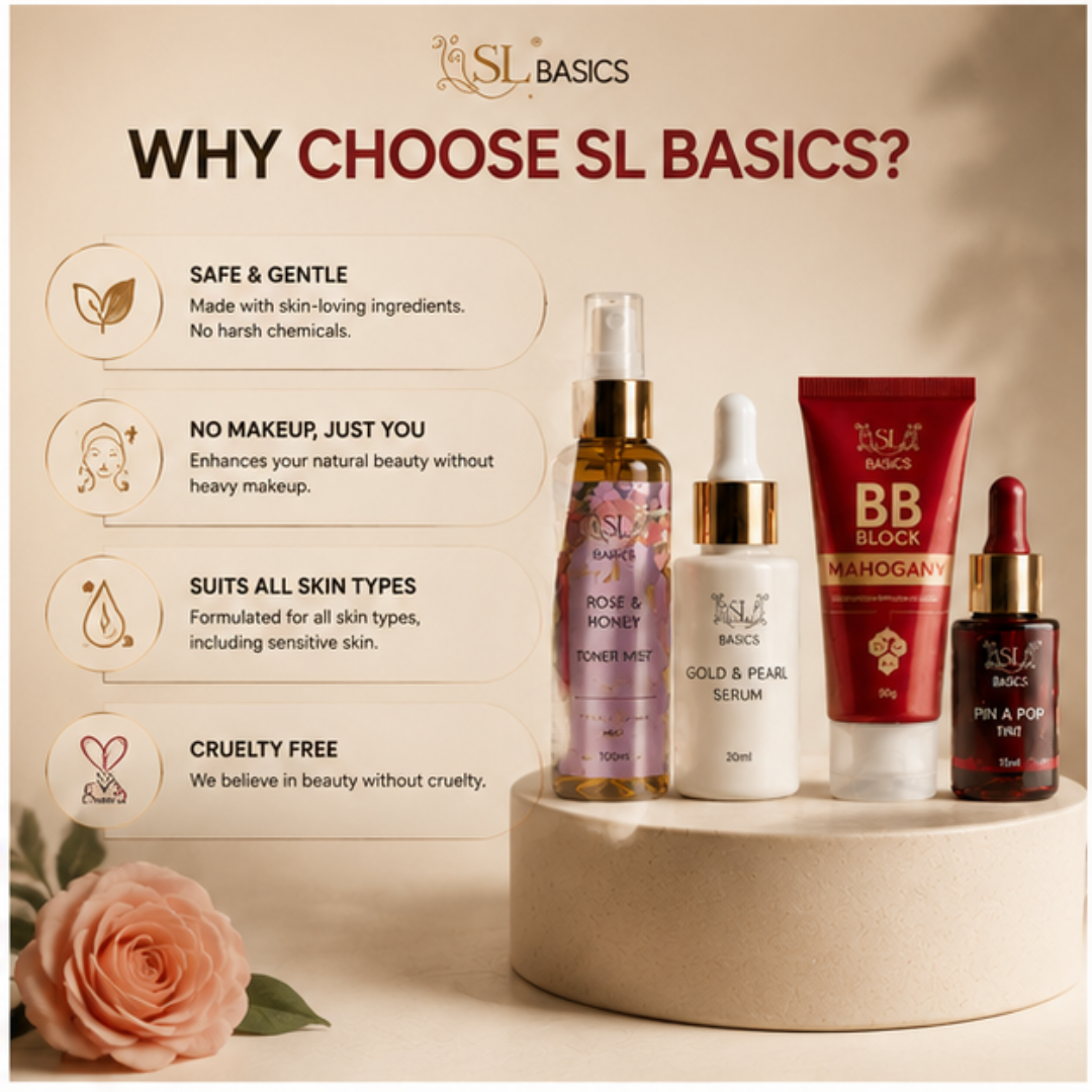 SL Basics No Makeup Deal – Flawless Skin, Natural Glow Every Day – Complete 4-Piece Set: BB Block SPF 50+, Rose & Honey Toner Mist, Gold & Pearl Serum, PinaPop Lip & Cheek Tint