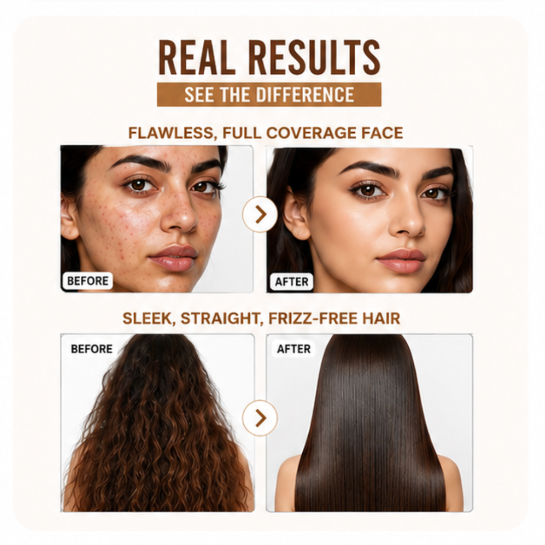 Flicka HD Foundation + Tgideas Hair Straightening Spray – Full Coverage Face & Sleek Hair Duo – Flawless, Glowy and Long-Lasting Foundation with SPF + Frizz-Free, Hair Straightening Spray