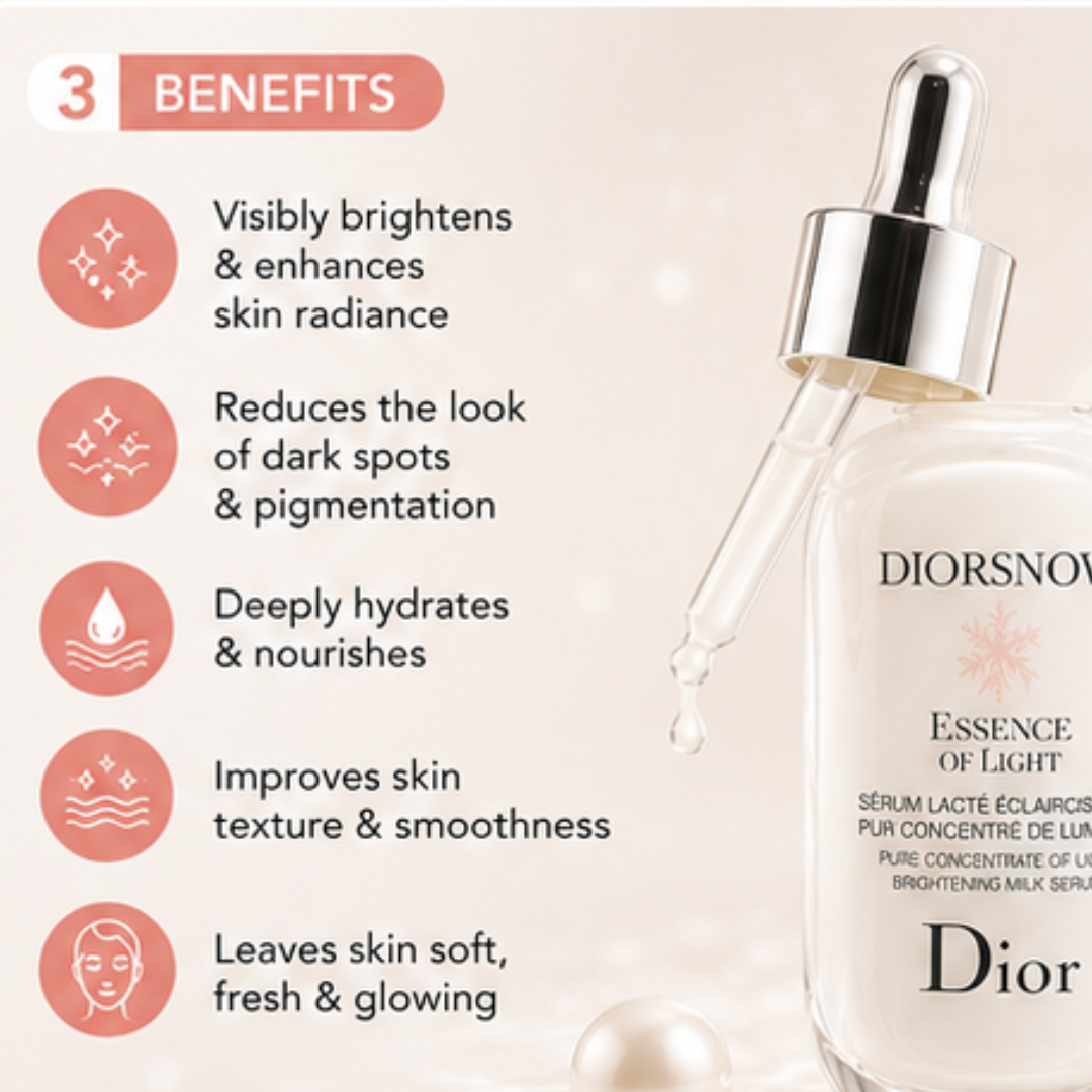 Dior Snow Essence of Light Brightening Milk Serum - Pure Concentrate of Light – Brightens Dull Skin, Fades Dark Spots & Pigmentation – Deeply Hydrates, Evens Tone & Enhances Glow – For Radiant, Luminous Skin