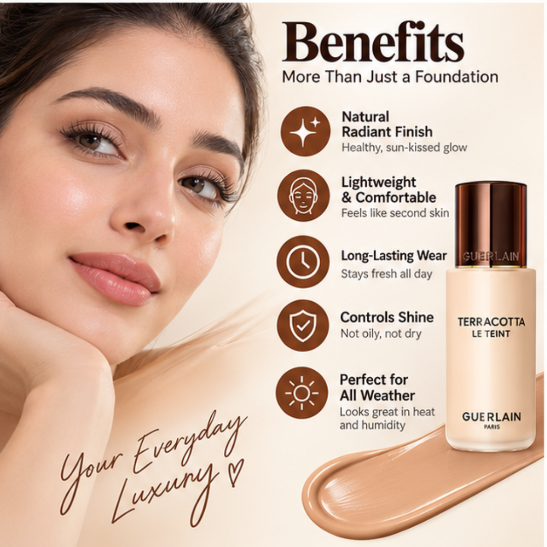 Guerlain Terracotta Le Teint Foundation + FREE Beauty Blender – Lightweight Breathable Coverage – Natural Radiant Glow