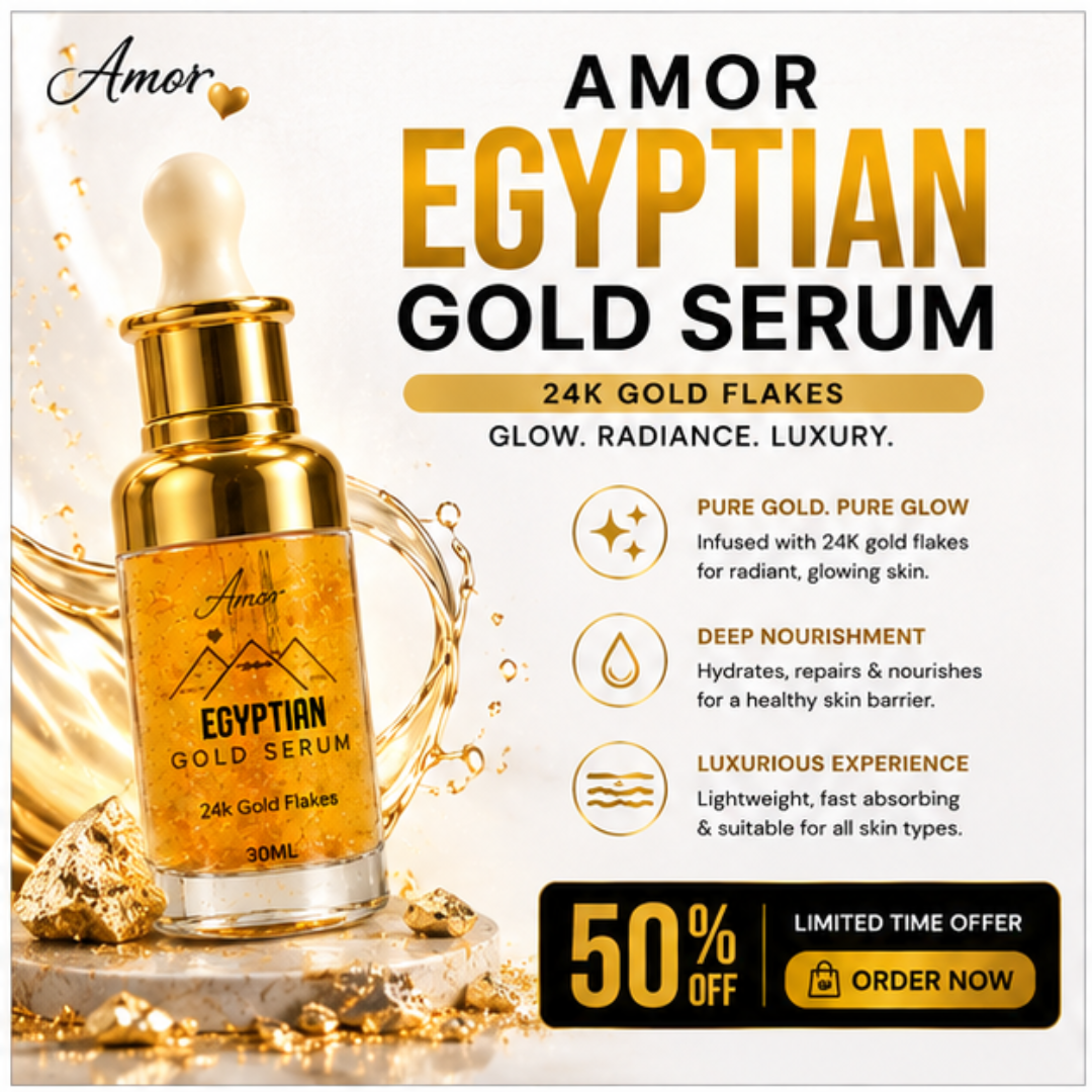Amor Egyptian Gold Serum – 50% OFF – 24K Gold Flakes – Glow, Radiance & Luxury – Brightens Skin, Deep Hydration, Youthful Radiance – Reduces Fine Lines & Wrinkles – For All Skin Types – 30ml