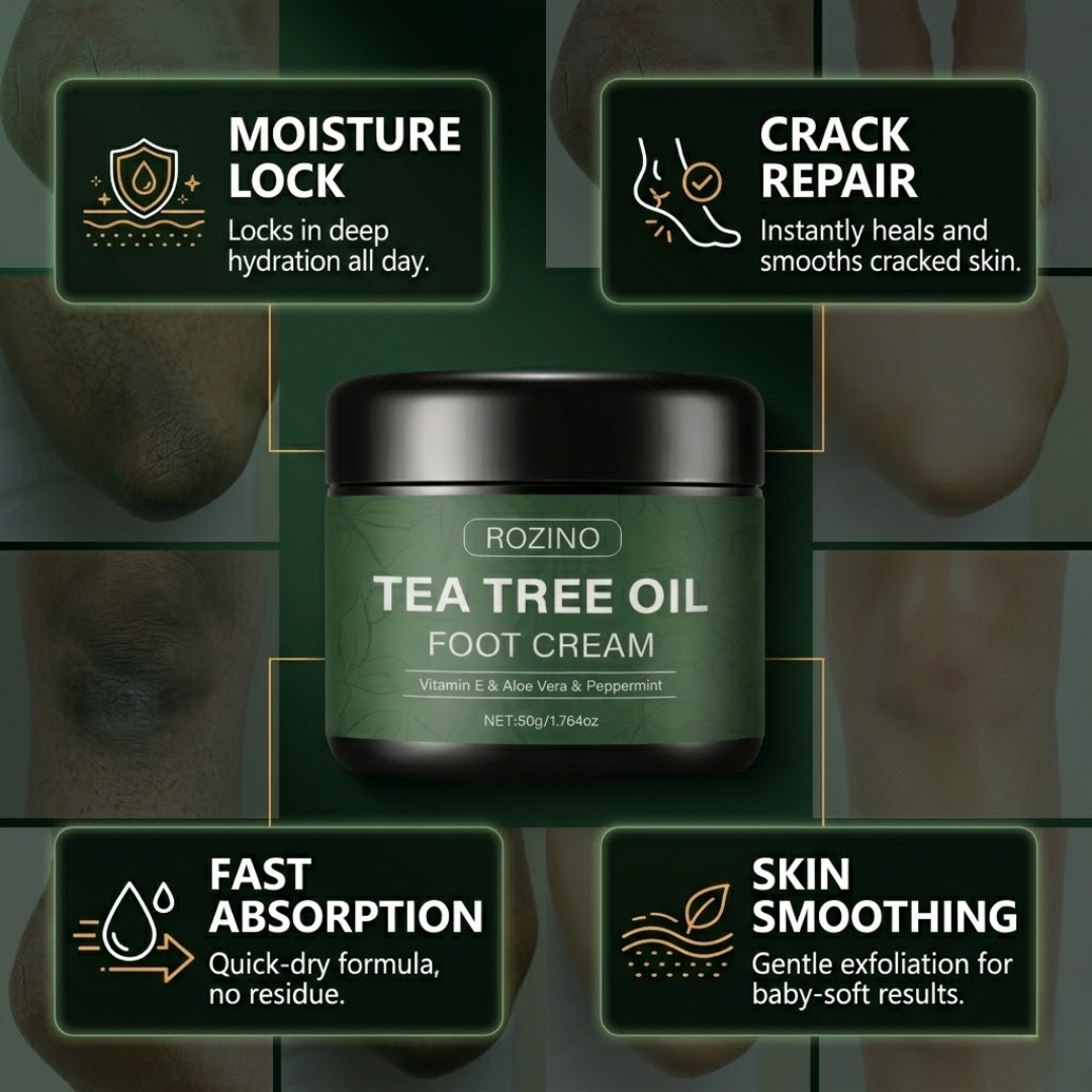 Rozino Tea Tree Oil Foot Cream | Vitamin E, Aloe Vera & Peppermint | Repairs Cracked Heels, Rough Elbows & Dry Knees | Intense Hydration