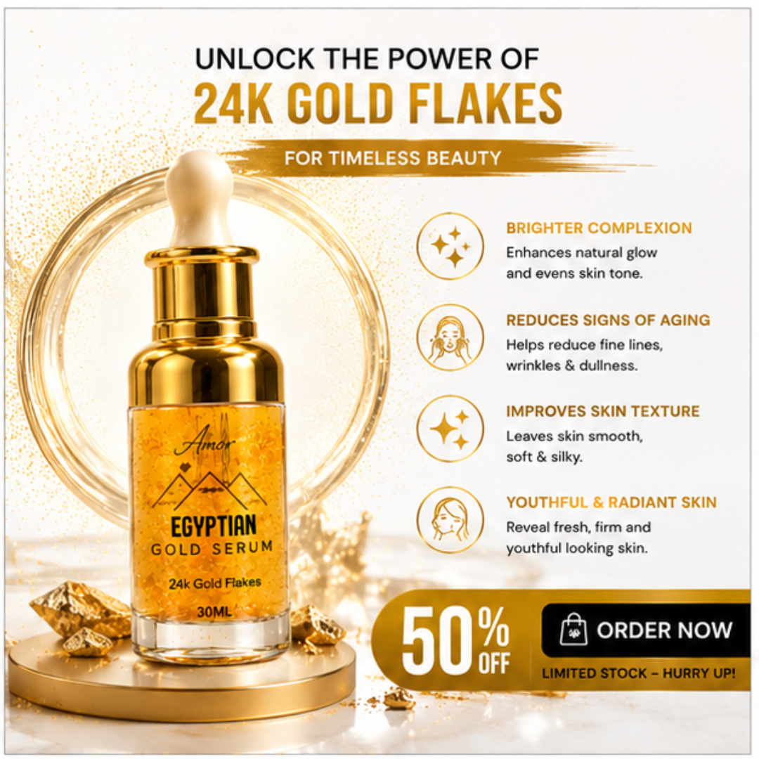 Amor Egyptian Gold Serum – 50% OFF – 24K Gold Flakes – Glow, Radiance & Luxury – Brightens Skin, Deep Hydration, Youthful Radiance – Reduces Fine Lines & Wrinkles – For All Skin Types – 30ml