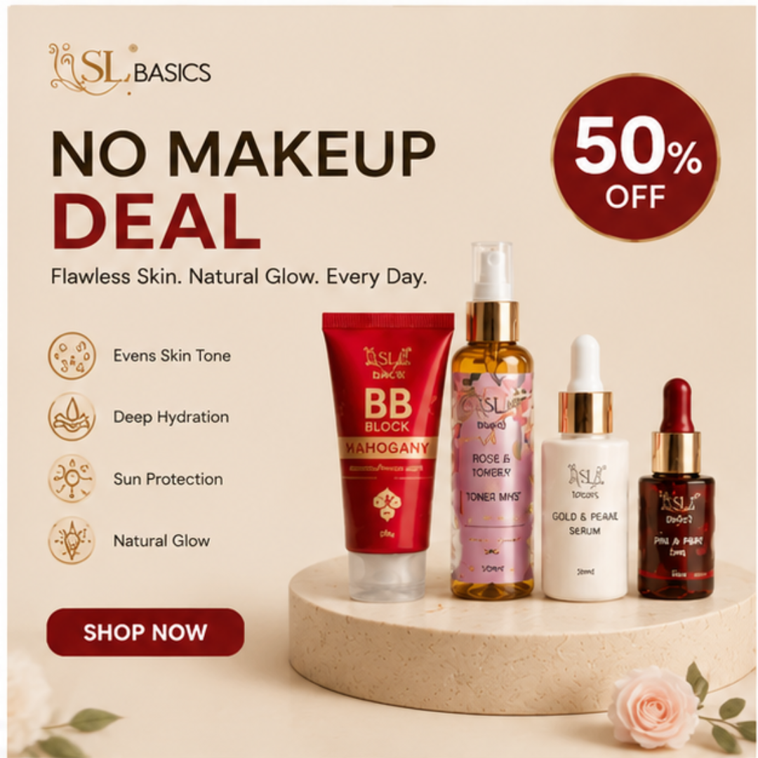 SL Basics No Makeup Deal – Flawless Skin, Natural Glow Every Day – Complete 4-Piece Set: BB Block SPF 50+, Rose & Honey Toner Mist, Gold & Pearl Serum, PinaPop Lip & Cheek Tint