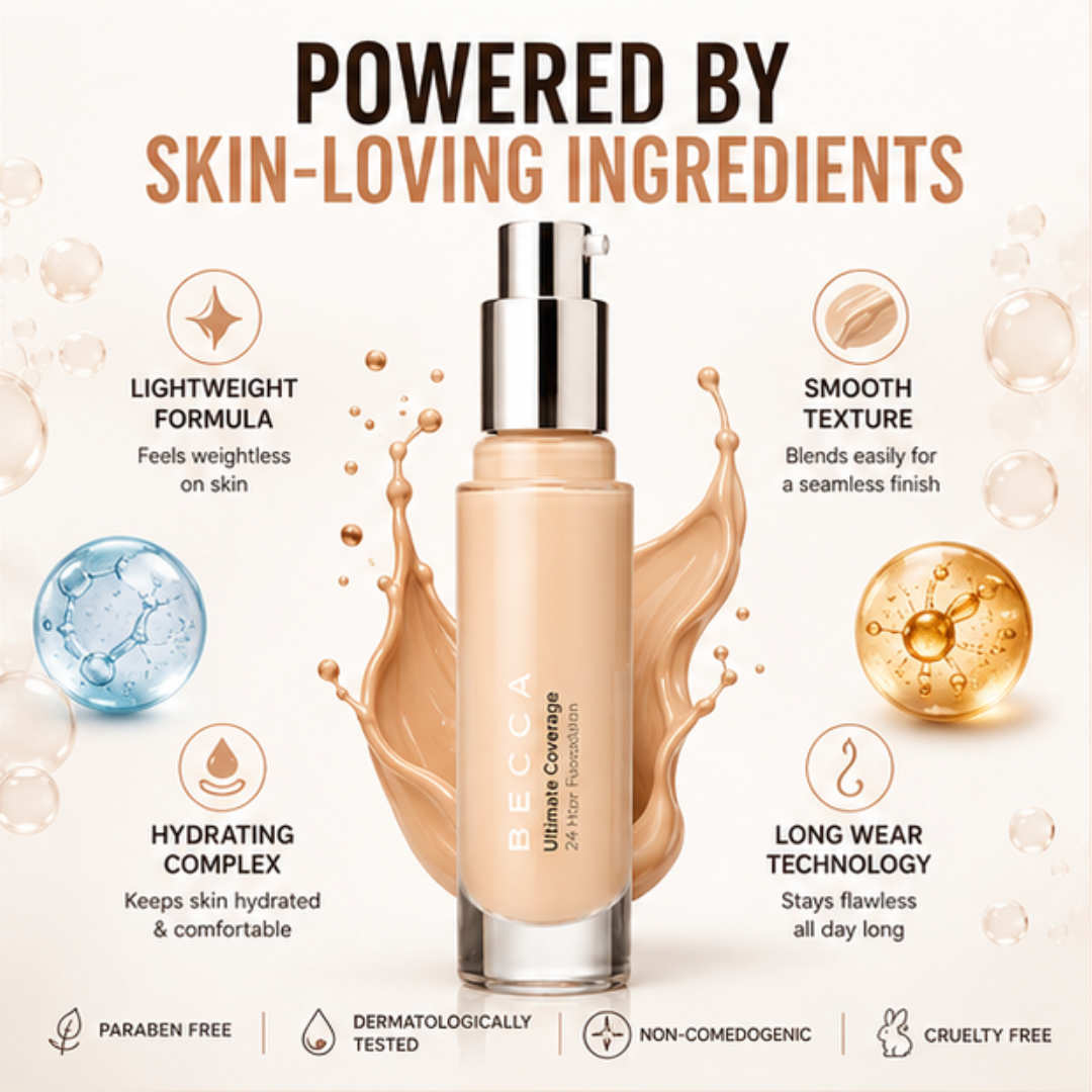 BECCA Ultimate Coverage 24-Hour Foundation – Medium to Full Coverage, Natural Matte Finish – Long Lasting Up to 24H – Flawless Coverage, Natural You – Lightweight, Hydrating, Pore-Blurring – Suitable for All Skin Types