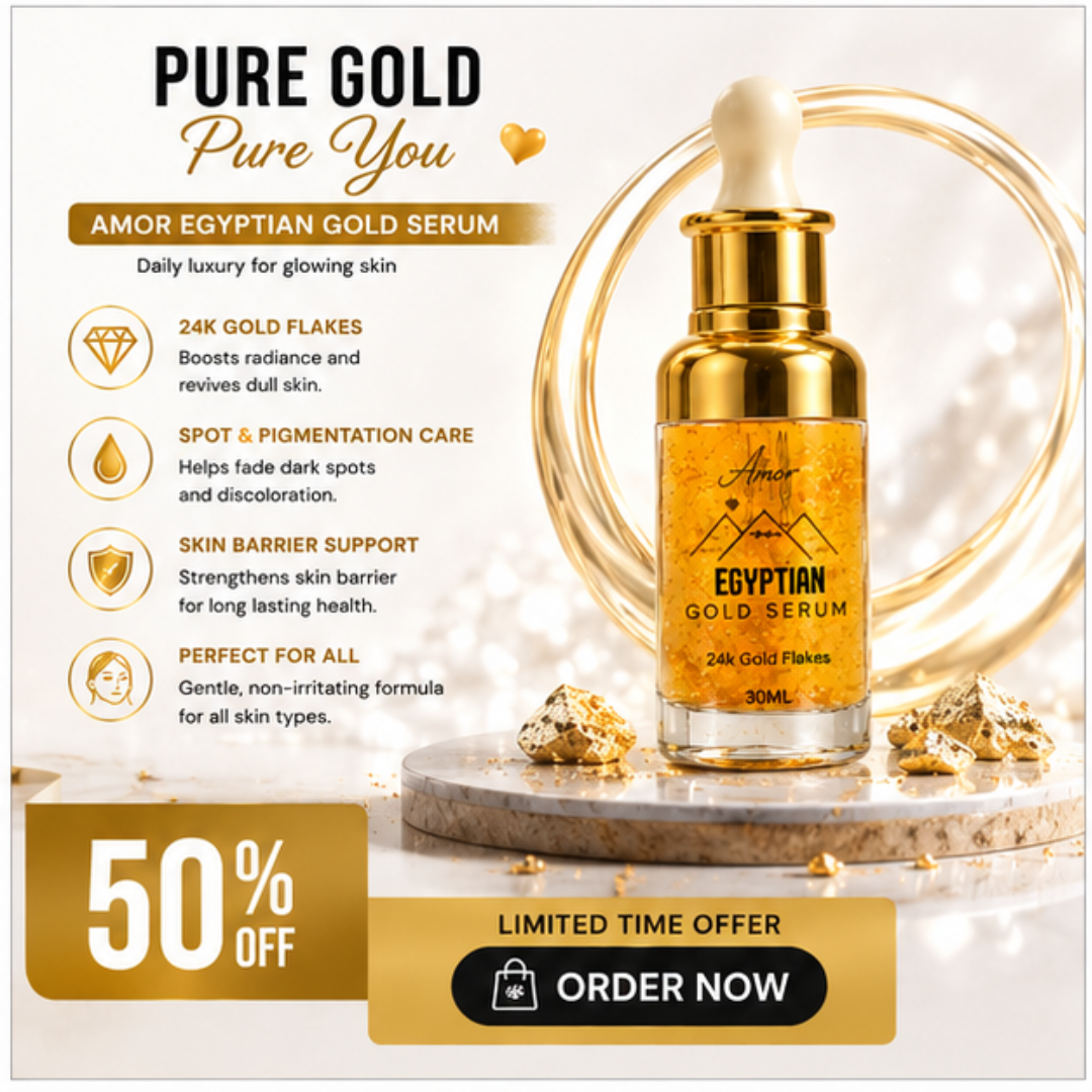 Amor Egyptian Gold Serum – 50% OFF – 24K Gold Flakes – Glow, Radiance & Luxury – Brightens Skin, Deep Hydration, Youthful Radiance – Reduces Fine Lines & Wrinkles – For All Skin Types – 30ml