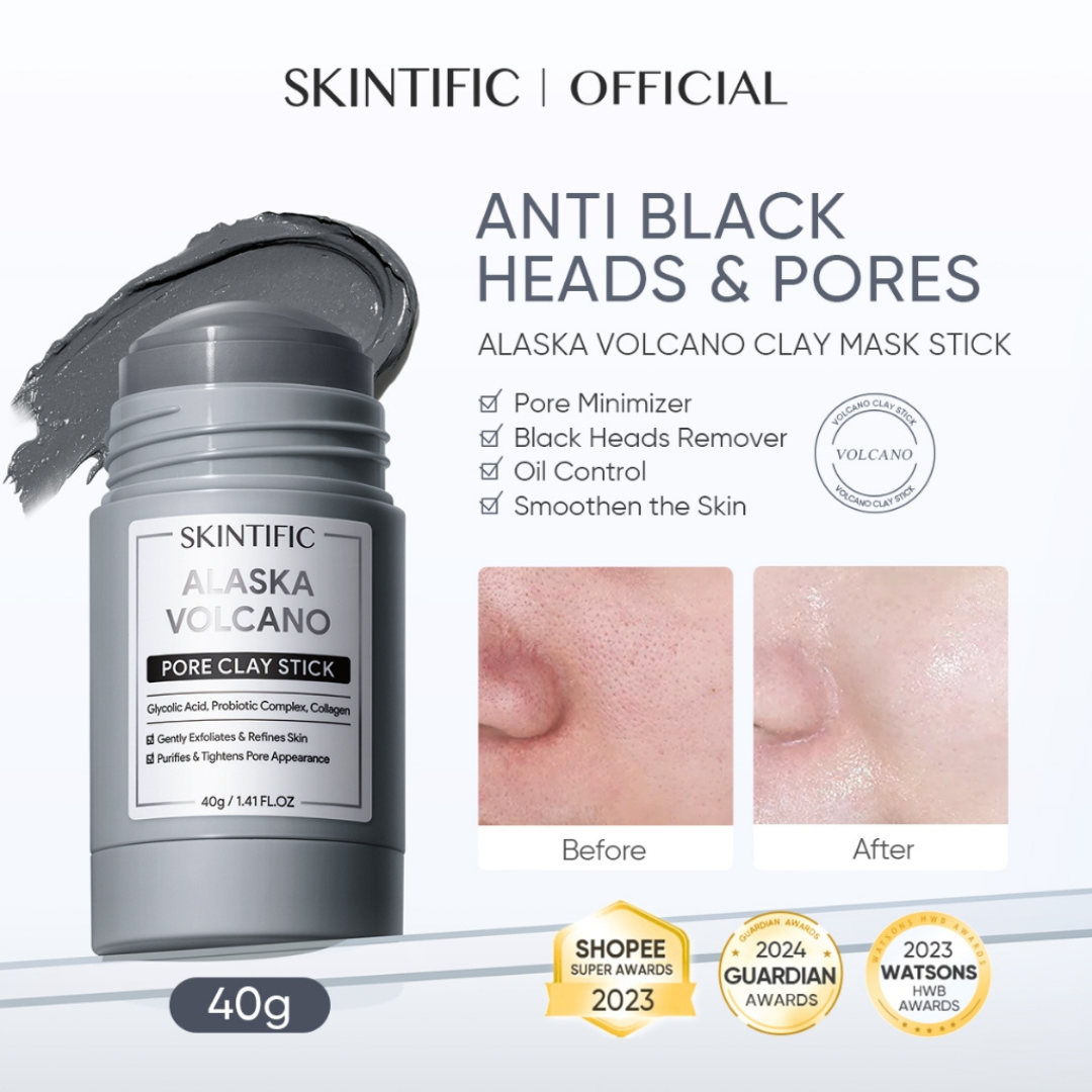 SKINTIFIC Alaska Volcano Pore Clay Stick | Glycolic Acid + Probiotic Complex + Collagen | Removes Blackheads, Tightens Pores & Smooths Skin