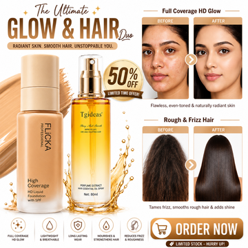 Flicka HD Foundation + Tgideas Hair Straightening Spray – Full Coverage Face & Sleek Hair Duo – Flawless, Glowy and Long-Lasting Foundation with SPF + Frizz-Free, Hair Straightening Spray